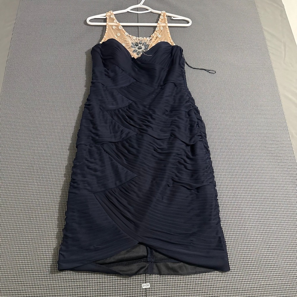 Adrianna Papell Collection Navy Blue Ruched Beaded Cocktail Dress Size 10